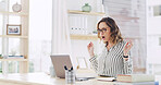 Surprise, business and woman with laptop in office of good news, announcement and story winner. Shock, journalist and pc for positive feedback, reading email and article funding of author recognition