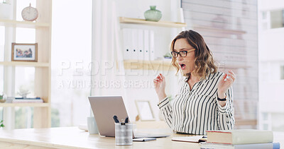 Buy stock photo Surprise, business and woman with laptop in office of good news, announcement and story winner. Shock, journalist and pc for positive feedback, reading email and article funding of author recognition