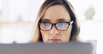 Buy stock photo Creative, woman and reading on computer at house for research, editor feedback and proofreading. Journalist, glasses reflection and PC to review article, fact check and story report for publication