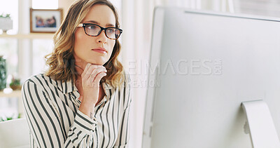 Buy stock photo Woman, remote work and reading on computer at house for research, editor feedback and proofreading. Thinking, journalist and PC to review article, fact check and planning story of project publication