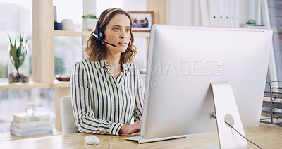Buy stock photo Computer, headset and manager woman in customer service office for assistance, consulting or feedback. Contact us, help and support with employee at desk in call center for communication or update