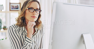 Buy stock photo Reading, thinking and business woman with computer in office for financial insight, idea or review. Tech, problem solving and consultant in workplace for decision, planning or investment evaluation