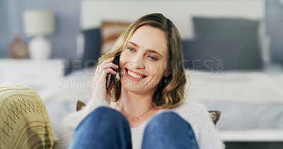 Buy stock photo Phone call, relax and thinking with woman on sofa in living room of home for communication. Break, conversation and smile with happy mature person in apartment for gossip, vision or wellness