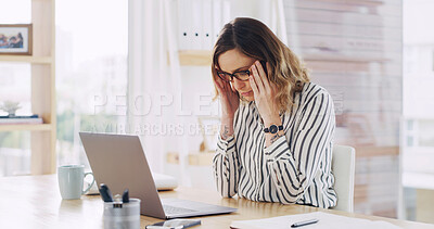Buy stock photo Laptop, headache and business woman in office for glasses, pain or deadline pressure. Accountant, frustrated and eye strain with person in financial agency for fatigue, stress and overtime project