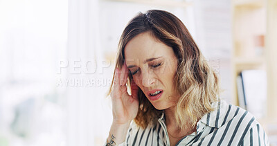 Buy stock photo Stress, woman and pain of migraine at house with debt, mental health crisis and fatigue burnout. Tired, female person and discomfort with headache, brain fog and dizzy for worry with vertigo pressure