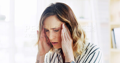 Buy stock photo Stress, woman and pain of headache at house with strain, mental health crisis and fatigue burnout. Tired, female person and discomfort of migraine, brain fog and dizzy for worry with vertigo pressure
