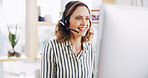 Headset, happy and woman receptionist in office with crm, communication or appointment schedule. Computer, mic and female corporate secretary with customer experience consultation in workplace.