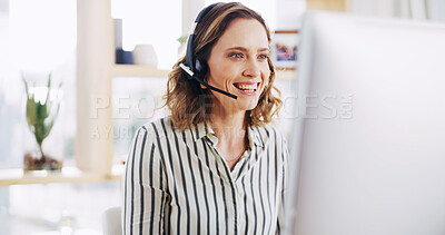 Buy stock photo Headset, happy and woman receptionist in office with CRM, communication or appointment schedule. Computer, mic and female corporate secretary with customer experience consultation in workplace.
