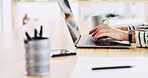Research, laptop and hands of business woman in office for blog article, writing project and typing. Copywriting editor, email newsletter and journalist news report with person in media agency