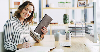Buy stock photo Tablet, writing notes and business woman in office for research, financial info or review project. Technology, smile and broker with notebook in workplace for investment, budget or schedule online