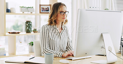 Buy stock photo Business woman, office and computer for typing email with policy development, research or feedback. Desktop, reading and consultant in company to review project, compliance and check schedule online