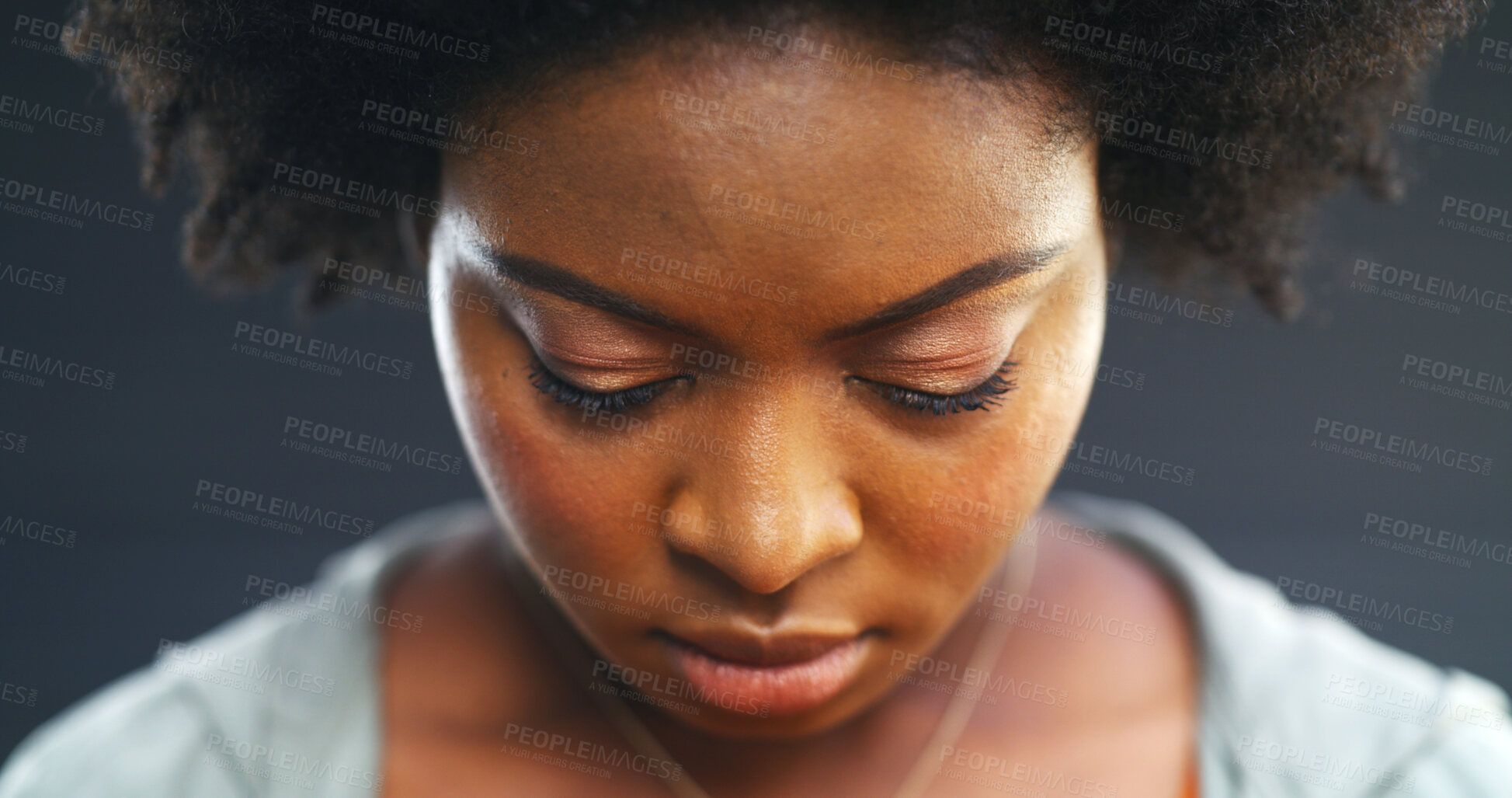 Buy stock photo Sad, woman and think in studio, mental health and student with university debt and financial strain. Disappointed, black person with depression for study loan, reflection and scholarship rejection