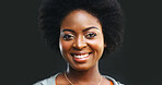 Beauty, smile and portrait of black woman in studio for cosmetics, confidence and aesthetic. Self care, happiness and makeup with female person on dark background for mockup space and cosmetology