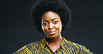 Portrait, black woman and hair care with afro in studio for beauty, natural growth and textures. Confident, female person and cosmetics for scalp care, healthy shine and treatment on dark background