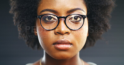 Buy stock photo Glasses, portrait and vision with black woman in studio for fitting of prescription frame lenses. Eyewear, optometry and test with African model on dark background for eye exam or ophthalmology
