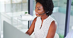 Happy, black woman or consultant with headset at office desk for call center advice or online help. Female person, African agent or smile with mic for virtual assistance or communication in workplace