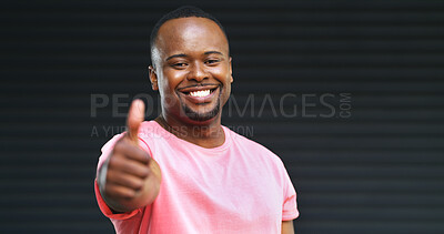 Buy stock photo Portrait, thumbs up and black man in city, smile and agreement with positive feedback. Outdoor, hand gesture or African person with thank you, success and winner with support, like or emoji with sign