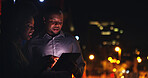 Night, employees and people with tablet, city and collaboration for deadline or preparing for audit. Dark, colleagues and review of financial records, bokeh and tech for tax filing or working late
