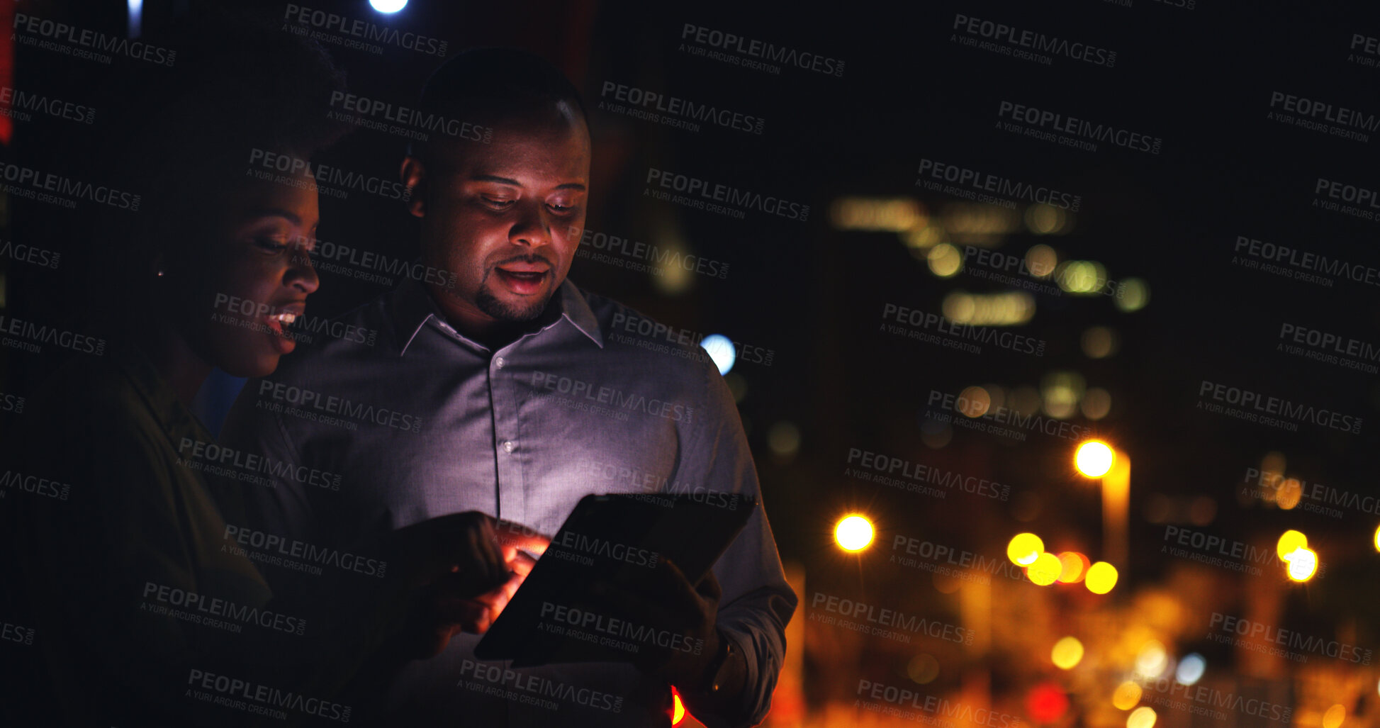 Buy stock photo Night, employees and people with tablet, city and collaboration for deadline or preparing for audit. Dark, colleagues and review of financial records, bokeh and tech for tax filing or working late