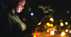 Night, business and black woman with tablet in city for finance, review project or email with bokeh. Overtime, digital tech and consultant with app for research, investment feedback or reading report