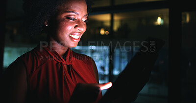 Buy stock photo Business, night and black woman with tablet, smile and online magazine with deadline. African person, evening and journalist in workplace, tech and publishing schedule with creativity and copywriting
