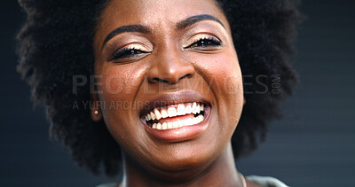 Buy stock photo Happy black woman, portrait and laugh in studio for funny joke, humor and comic on dark background. LOL, face and African person with smile, crazy comedy or excited with good mood for euphoria
