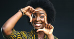 Portrait, black woman and finger frame in studio with smile for profile picture on grey background. Female person, African model and perspective for photography, creative inspiration or hand sign