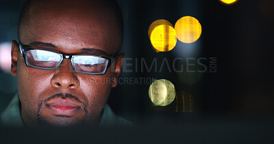 Buy stock photo Business, black man and computer in office at night for trading news, market trends or bokeh. Serious trader, space and digital reflection for stocks deadline, financial review and investment account