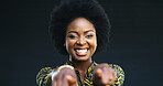 Portrait, black woman and pointing at you in studio for decision, selection or winner. Smile, choice and African person with finger gesture for vote, support or encourage on dark background space