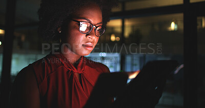 Buy stock photo Business, night and black woman with tablet, glasses or research for news report, deadline or app. African person, evening or journalist in office, publishing schedule or editing with online magazine