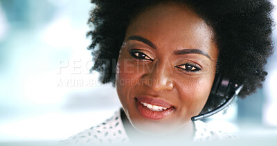 Buy stock photo Happy, black woman and agent with headset for communication or online tech support in office. Female person, friendly or African consultant with smile or mic at call center for virtual assistance
