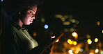 Night, business and black woman with tablet for research, review project or finance with bokeh. Overtime, digital tech and consultant with app for email, investment feedback or reading report in city