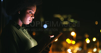 Buy stock photo Night, business and black woman with tablet for research, review project or finance with bokeh. Overtime, digital tech and consultant with app for email, investment feedback or reading report in city