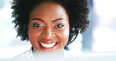 Buy stock photo Happy, black woman and call center agent with headset for communication or online tech support. Female person, friendly or African consultant with smile or mic for web service or virtual assistance