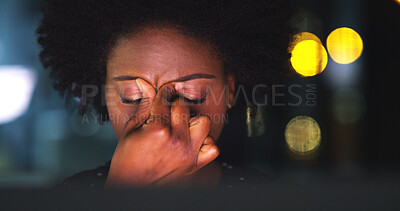 Buy stock photo Business, night and black woman with headache, pain and eyes strain with tension, pressure and stress. African person, evening or employee with technology, blue light exposure and bokeh with migraine
