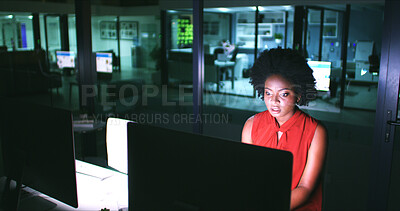 Buy stock photo Business, black woman and computer in office at night for research, editing article and proofreading. Journalist, pc and review of news report, fact check and online magazine for publication deadline