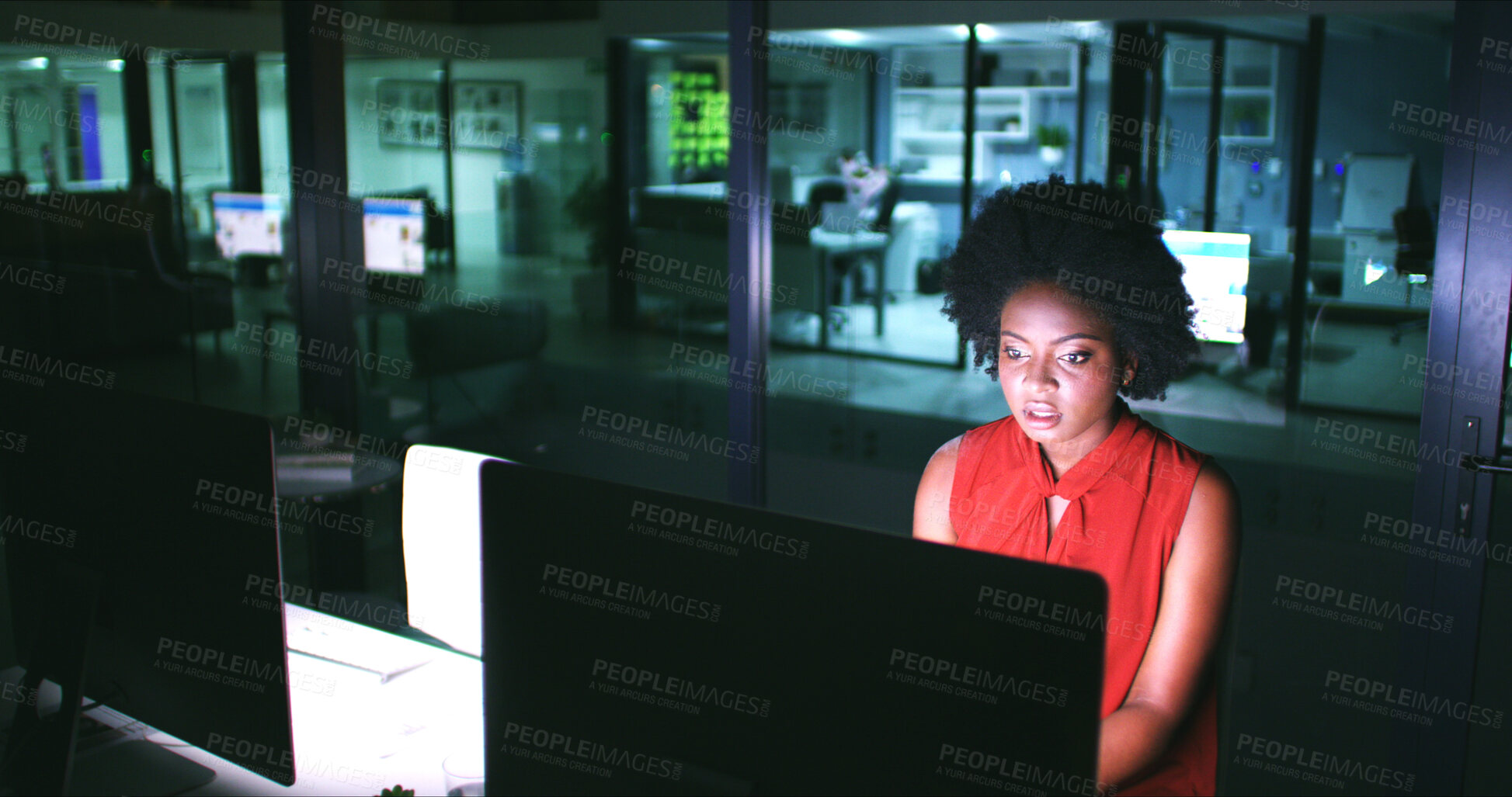 Buy stock photo Business, black woman and computer in office at night for research, editing article and proofreading. Journalist, pc and review of news report, fact check and online magazine for publication deadline