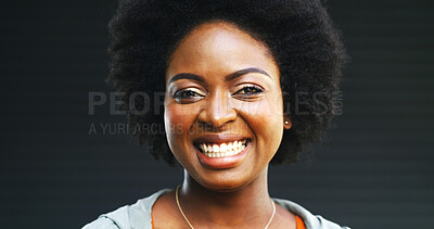 Buy stock photo Beauty, happy and portrait of black woman in studio for cosmetics, confidence and aesthetic. Self care, smile and glow with female person on dark background for mockup space, makeup and cosmetology