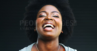 Buy stock photo Black woman, portrait and laugh in studio for funny joke, crazy humor and comic on dark background. LOL, happy face and African person with smile, comedy or excited with goofy expression for euphoria