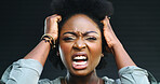 Portrait, black woman and frustrated with scream, shout and yelling on studio grey background. Crisis, stress and person with anxiety, rage or anger emoji with issue, mistake or annoyed with fail