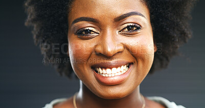 Buy stock photo Smile, makeup and portrait of black woman in studio for confidence, beauty and cosmetics. Happiness, self care and aesthetic with face of female person on dark background for glow, pride and shine
