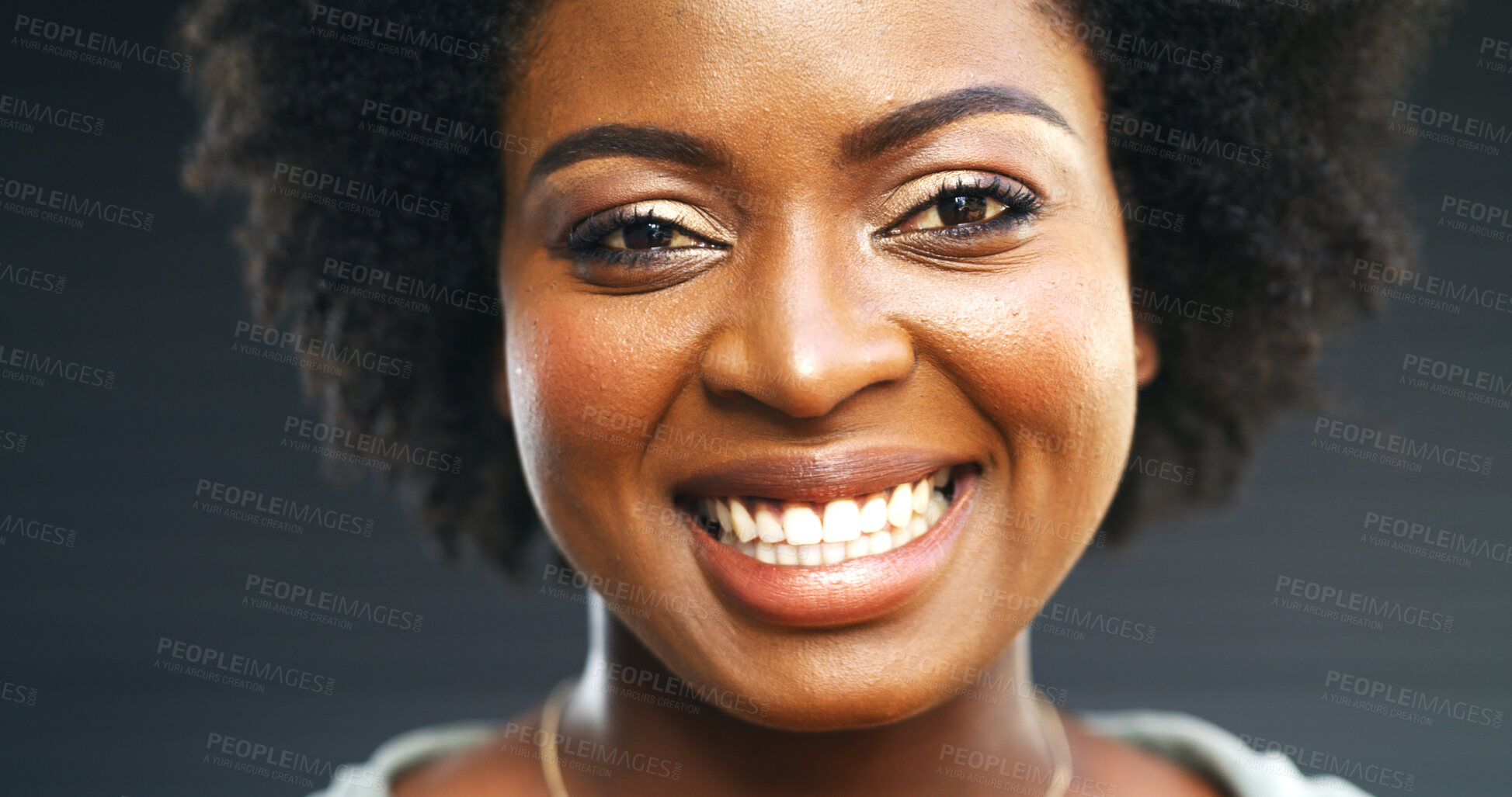 Buy stock photo Smile, makeup and portrait of black woman in studio for confidence, beauty and cosmetics. Happiness, self care and aesthetic with face of female person on dark background for glow, pride and shine