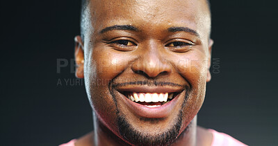 Buy stock photo Dental, face and portrait of black man in studio with satisfaction for oral care or hygiene. Clean, mouth and smile of happy African model on dark background for dentistry or teeth whitening results
