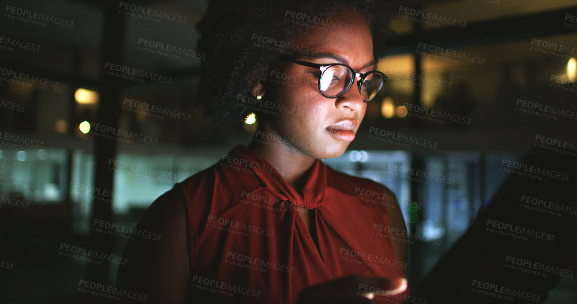 Buy stock photo Business, evening and black woman with tablet, glasses or research for news report, editing or app. African person, night or journalist in office, publishing schedule or deadline with online article