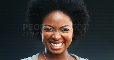 Buy stock photo Space, makeup and portrait of black woman in studio for confidence, beauty and cosmetics. Happiness, self care and aesthetic with face of female person on dark background for glow, pride and shine