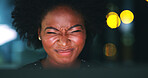 Business, night and black woman in office, headache and eyes strain with tension, pressure and pain. African person, evening and employee with technology, blue light exposure and migraine with stress