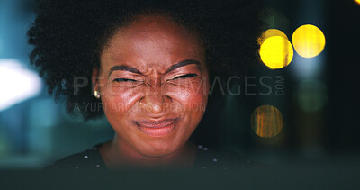 Buy stock photo Business, night and black woman in office, headache and eyes strain with tension, pressure and pain. African person, evening and employee with technology, blue light exposure and migraine with stress