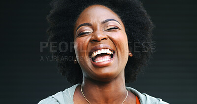 Buy stock photo Black woman, happy and laugh in studio for funny joke, crazy humor and comic on dark background. LOL, face and African person with smile, comedy and excited with goofy expression for euphoria