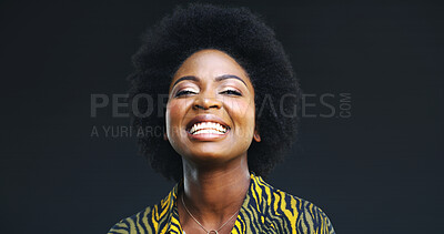 Buy stock photo Makeup, happy and portrait of black woman in studio for cosmetics, confidence and aesthetic. Self care, smile and glow with female person on dark background for mockup space, afro and cosmetology