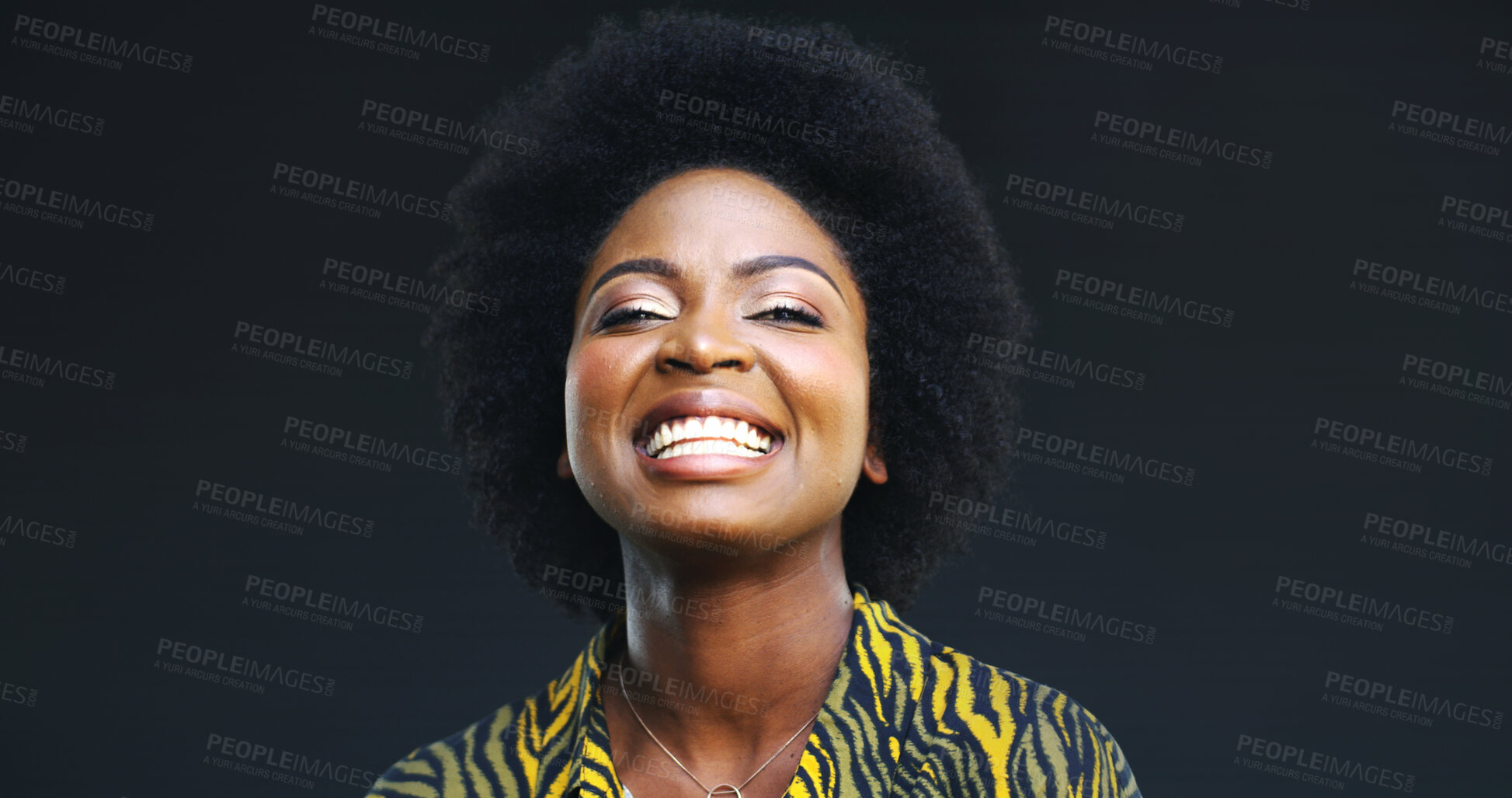 Buy stock photo Makeup, happy and portrait of black woman in studio for cosmetics, confidence and aesthetic. Self care, smile and glow with female person on dark background for mockup space, afro and cosmetology